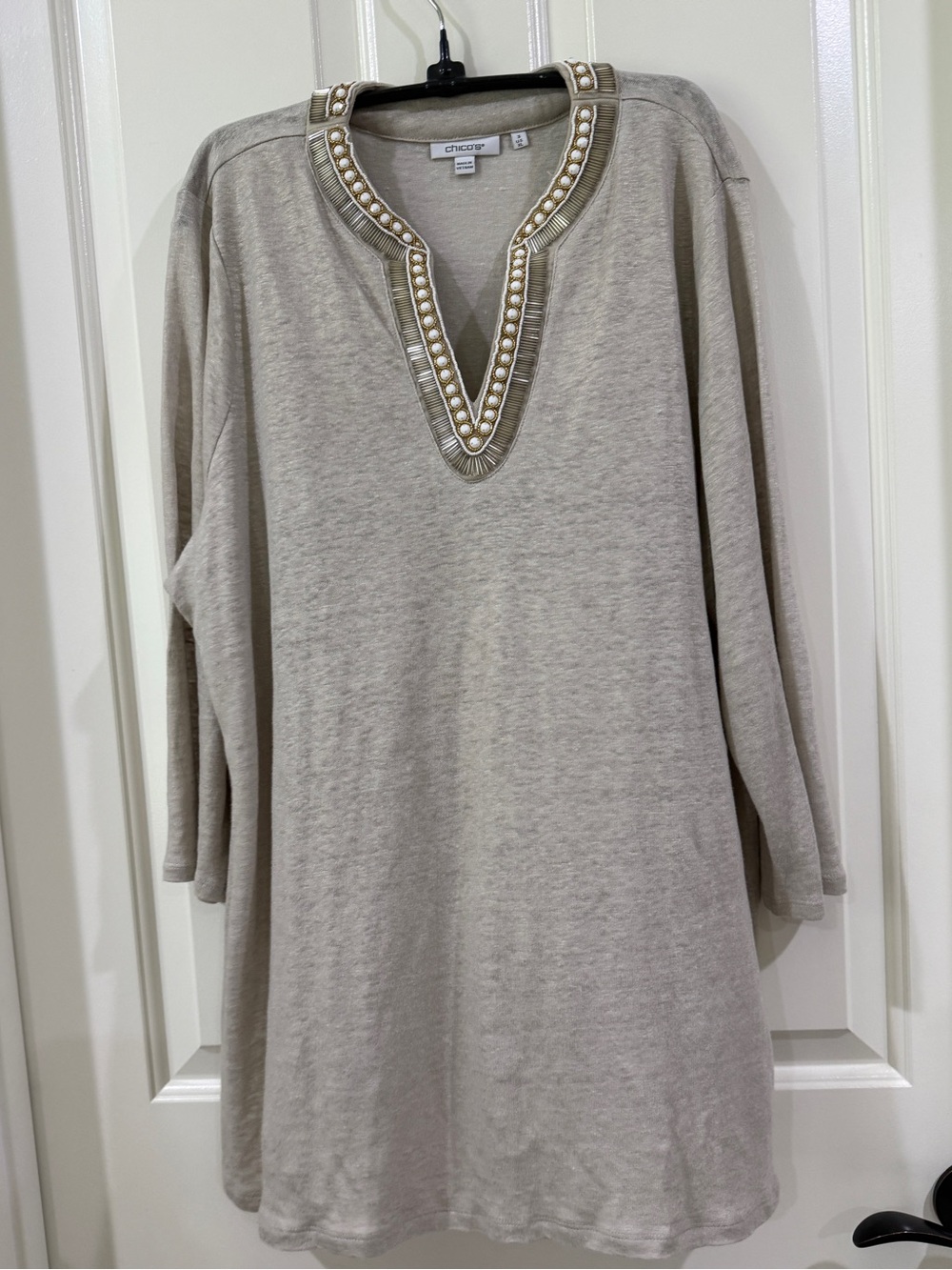 Chico's Embellished V-Neck Tunic in Taupe